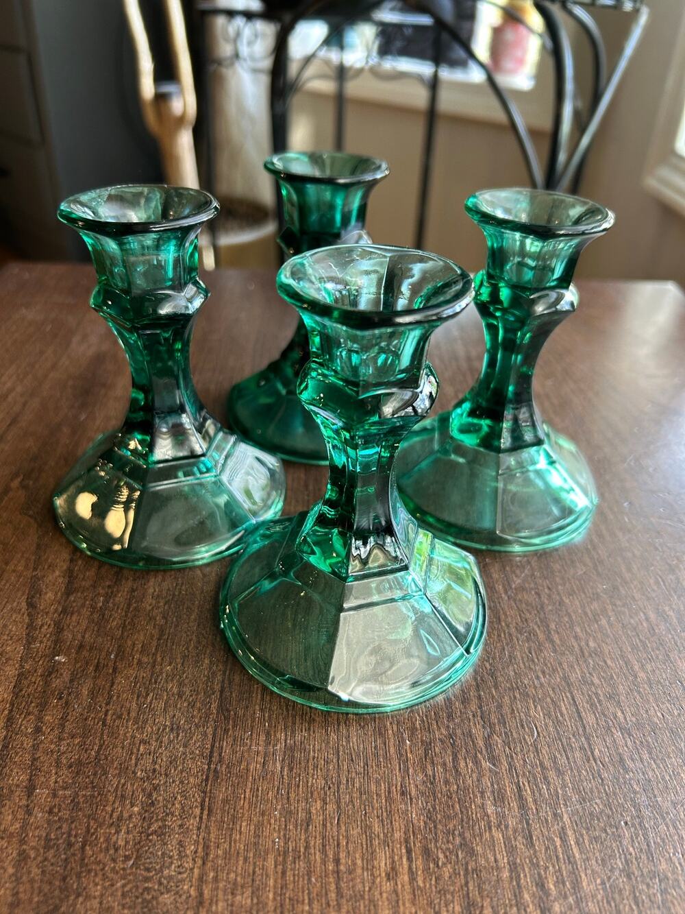 4 Vintage Emerald Green Indiana Glass Candlestick Holders